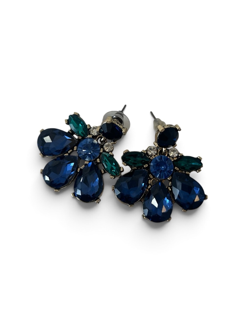 Blue and Teal Crystal Flower Stud Earrings
